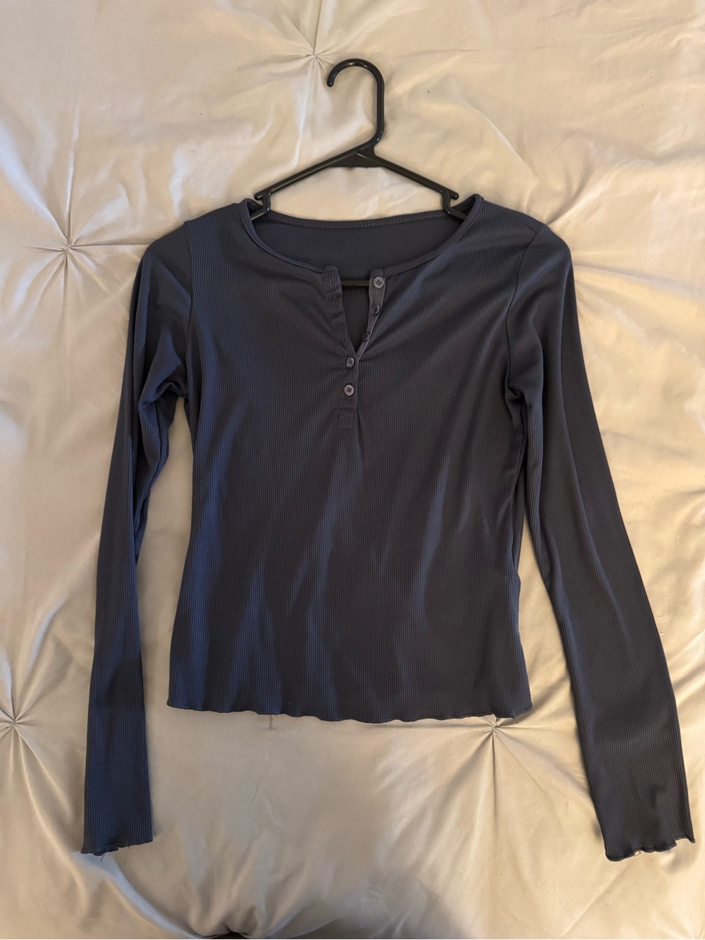 Ribbed Long-Sleeve Henley Top in Charcoal